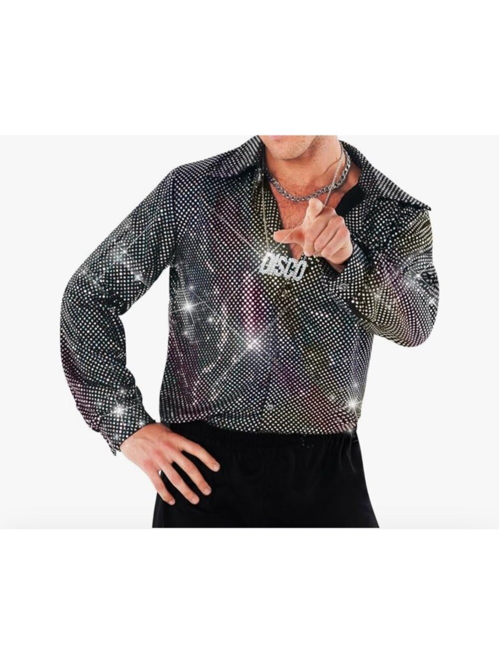 Silver & Black Disco Shirt Sequin 70s Retro Mens top Halloween Costume XL - Picture 4 of 6